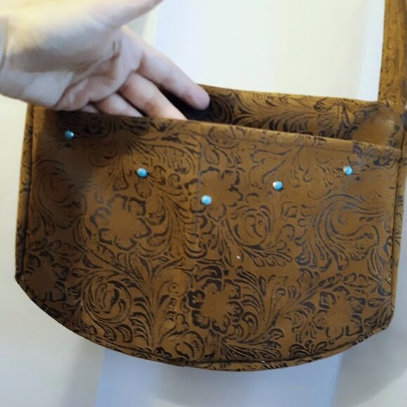 NEW Western Tooled Floral Faux Leather Satchel Shoulder Bag Rich Brown Turquoise - Picture 3 of 11